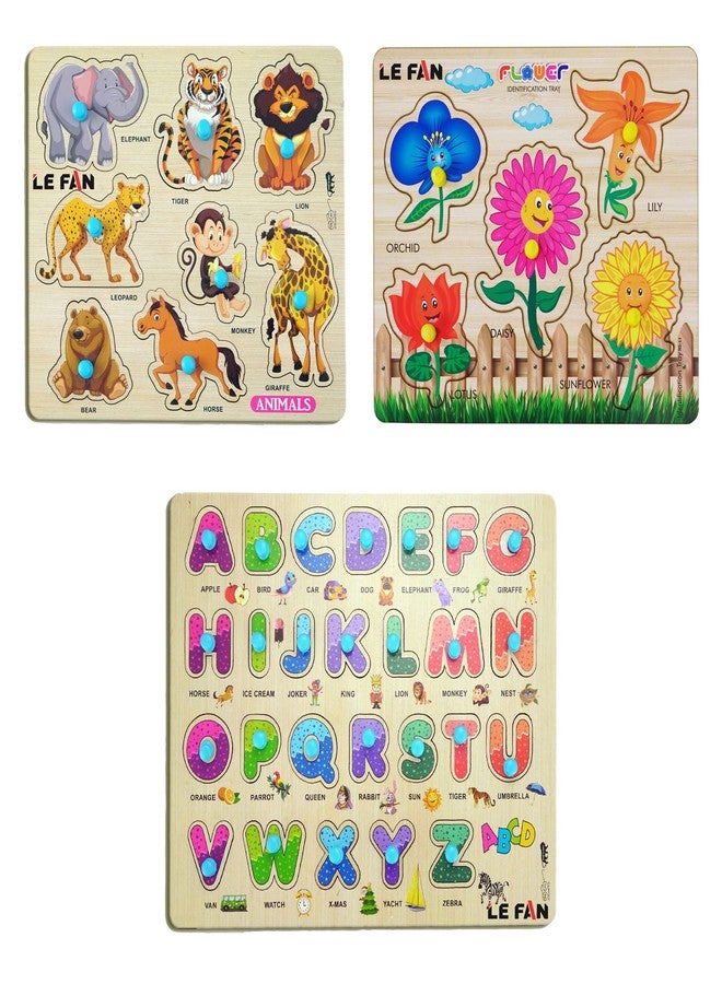Lefan® Kids Fort Pre Nursery Educational Jigsaw Puzzles for Adults Kids Learning Toys Kit Board Game 3 pcs Set of Animals Alphabets & Flower Educational Toy - Image 1